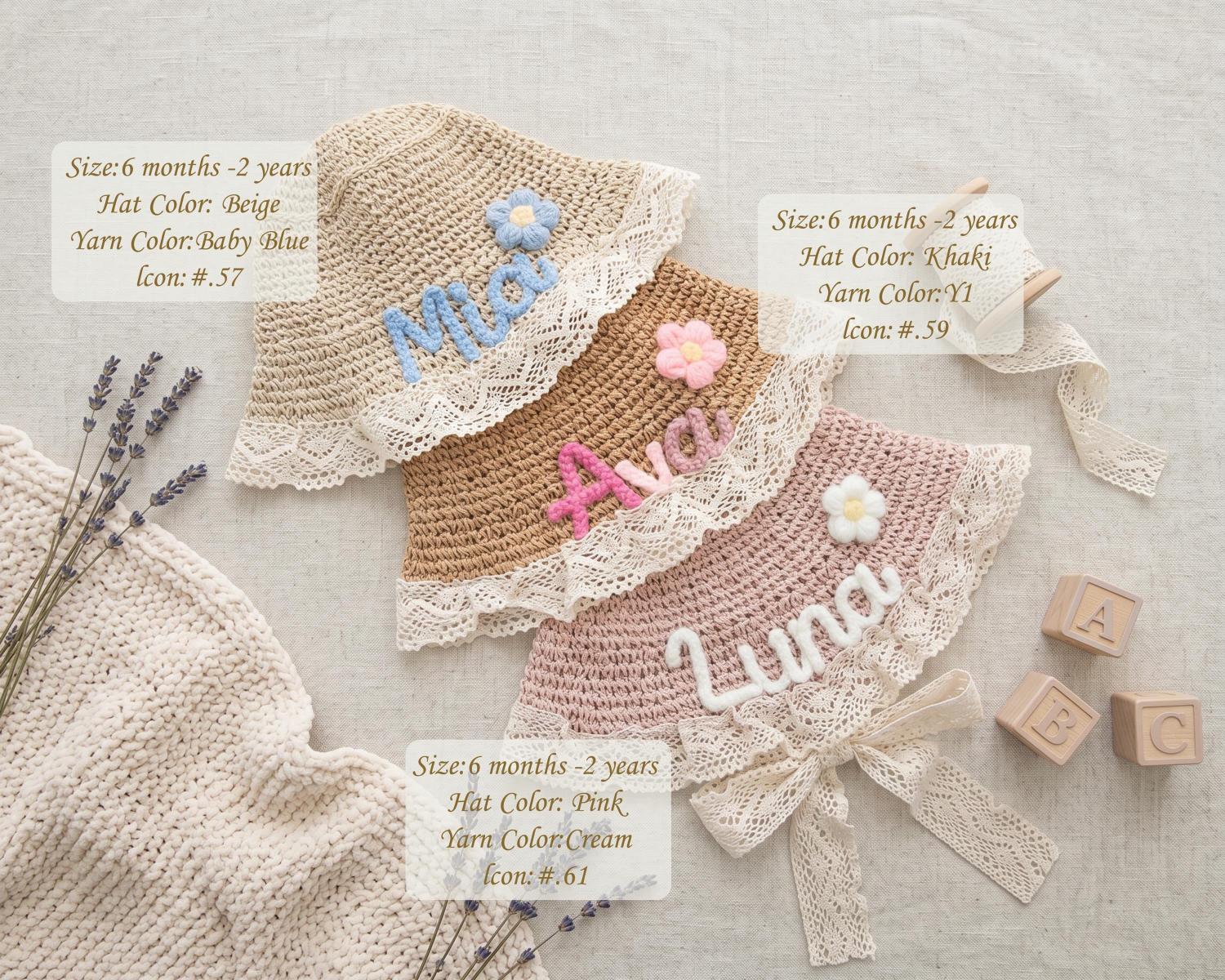 Personalized Straw Sun Hat | Hand Glued Chunky Yarn Beach Hat, Summer Vacation Accessory