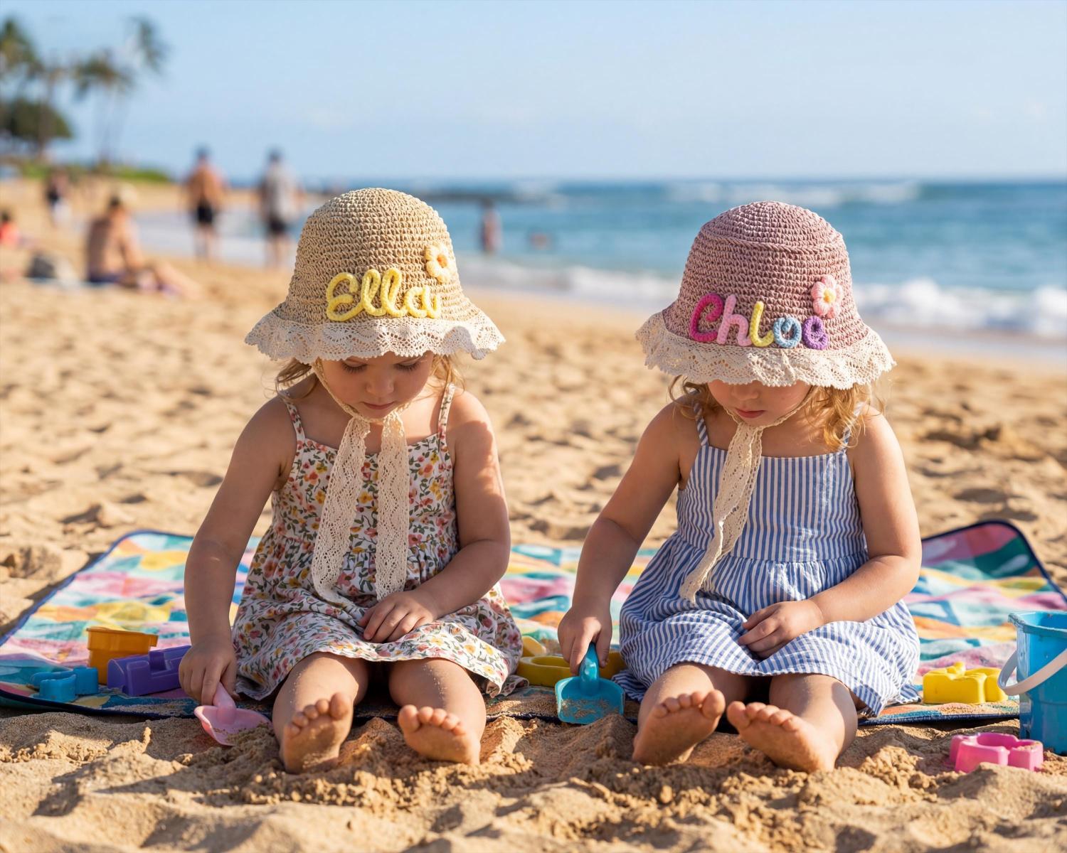 Personalized Straw Sun Hat | Hand Glued Chunky Yarn Beach Hat, Summer Vacation Accessory