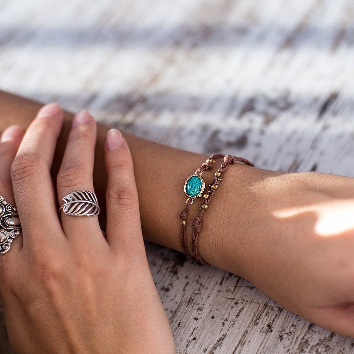 Blue or White Hawaiian Opal Adjustable Bracelet Handmade Beach Surfer Jewelry Handmade Boho Gift for Her