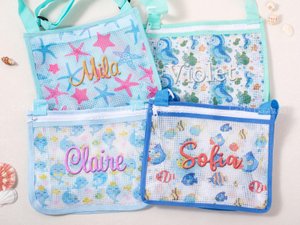 Personalized Kids' Beach Bag | Monogrammed Mesh Tote with Seashells – Summer Backpack & Accessory Gift