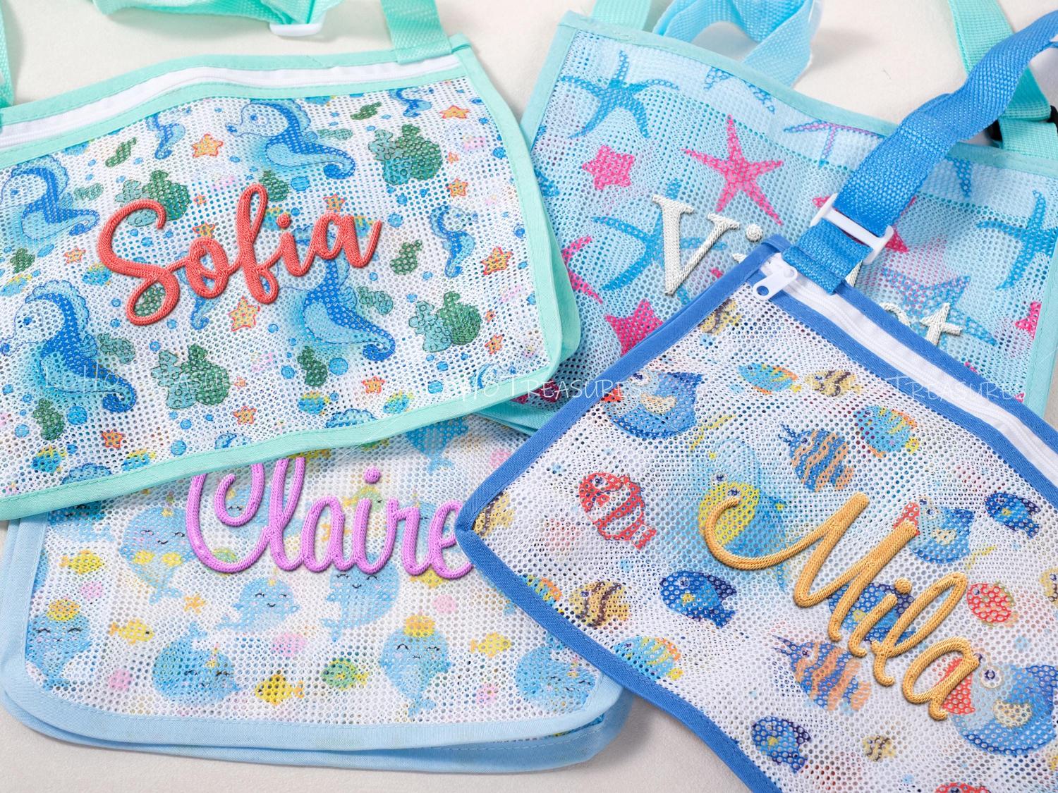 Personalized Kids' Beach Bag | Monogrammed Mesh Tote with Seashells – Summer Backpack & Accessory Gift