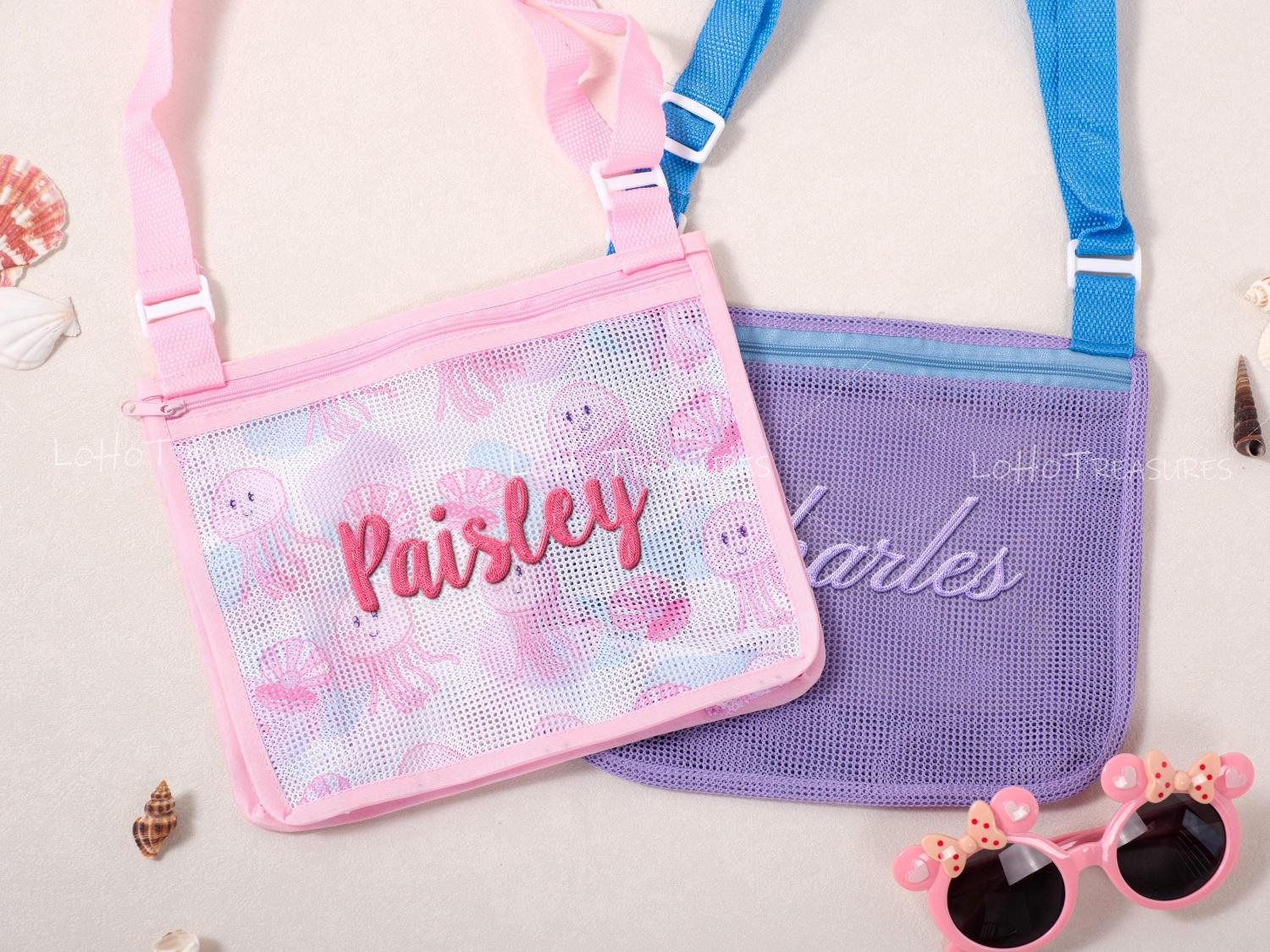 Personalized Kids' Beach Bag | Monogrammed Mesh Tote with Seashells – Summer Backpack & Accessory Gift