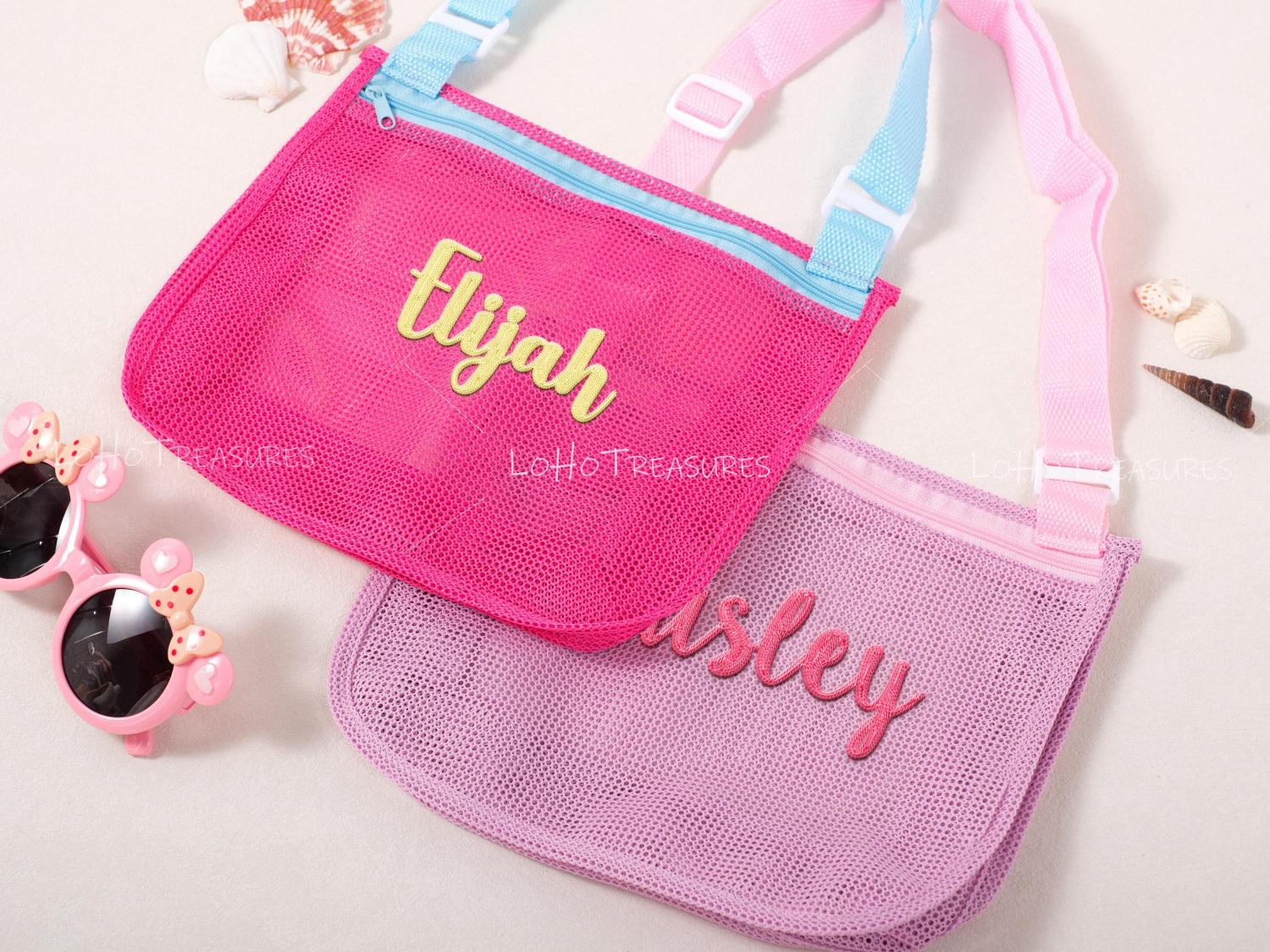Personalized Kids' Beach Bag | Monogrammed Mesh Tote with Seashells – Summer Backpack & Accessory Gift