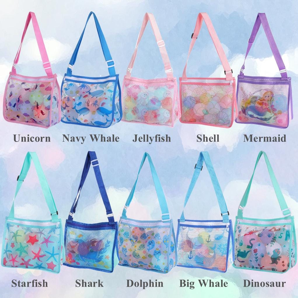 Personalized Kids' Beach Bag | Monogrammed Mesh Tote with Seashells – Summer Backpack & Accessory Gift