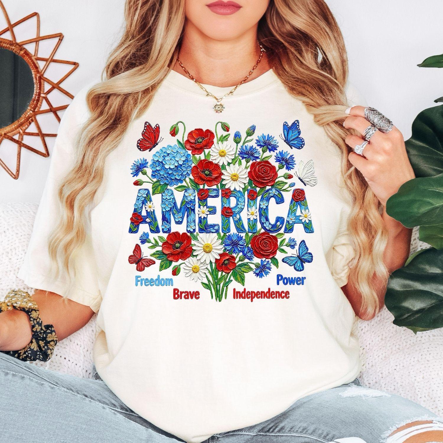 Comfort Colors® America Shirt, Patriotic Flower Tee, Independence Day Shirt, USA Floral Shirt, American Flag, Not Real Painting