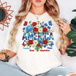 Comfort Colors® America Shirt, Patriotic Flower Tee, Independence Day Shirt, USA Floral Shirt, American Flag, Not Real Painting