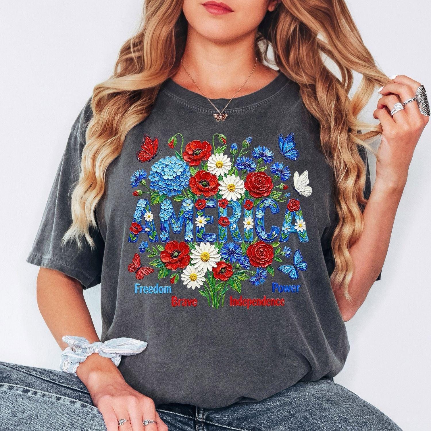 Comfort Colors® America Shirt, Patriotic Flower Tee, Independence Day Shirt, USA Floral Shirt, American Flag, Not Real Painting