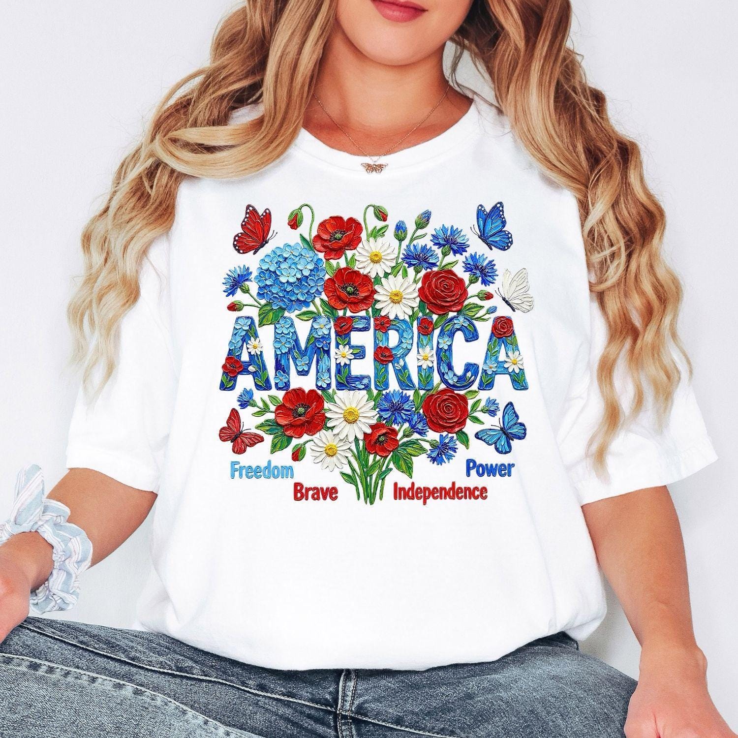 Comfort Colors® America Shirt, Patriotic Flower Tee, Independence Day Shirt, USA Floral Shirt, American Flag, Not Real Painting