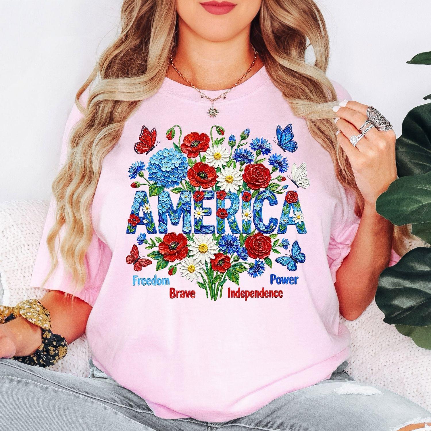 Comfort Colors® America Shirt, Patriotic Flower Tee, Independence Day Shirt, USA Floral Shirt, American Flag, Not Real Painting