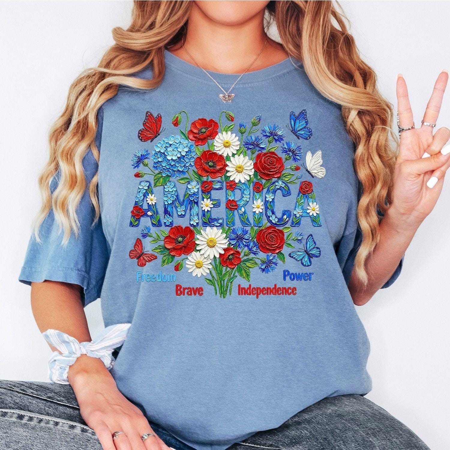 Comfort Colors® America Shirt, Patriotic Flower Tee, Independence Day Shirt, USA Floral Shirt, American Flag, Not Real Painting