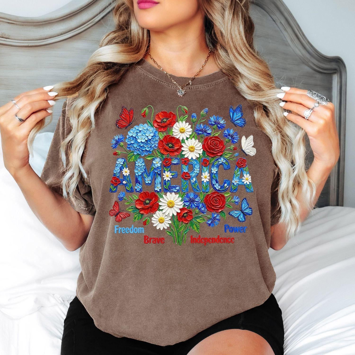 Comfort Colors® America Shirt, Patriotic Flower Tee, Independence Day Shirt, USA Floral Shirt, American Flag, Not Real Painting