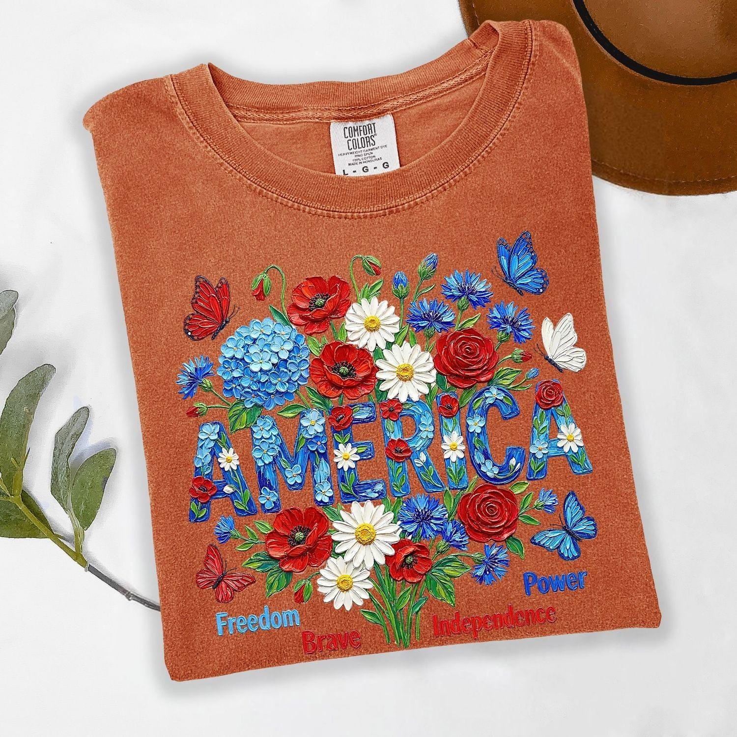 Comfort Colors® America Shirt, Patriotic Flower Tee, Independence Day Shirt, USA Floral Shirt, American Flag, Not Real Painting