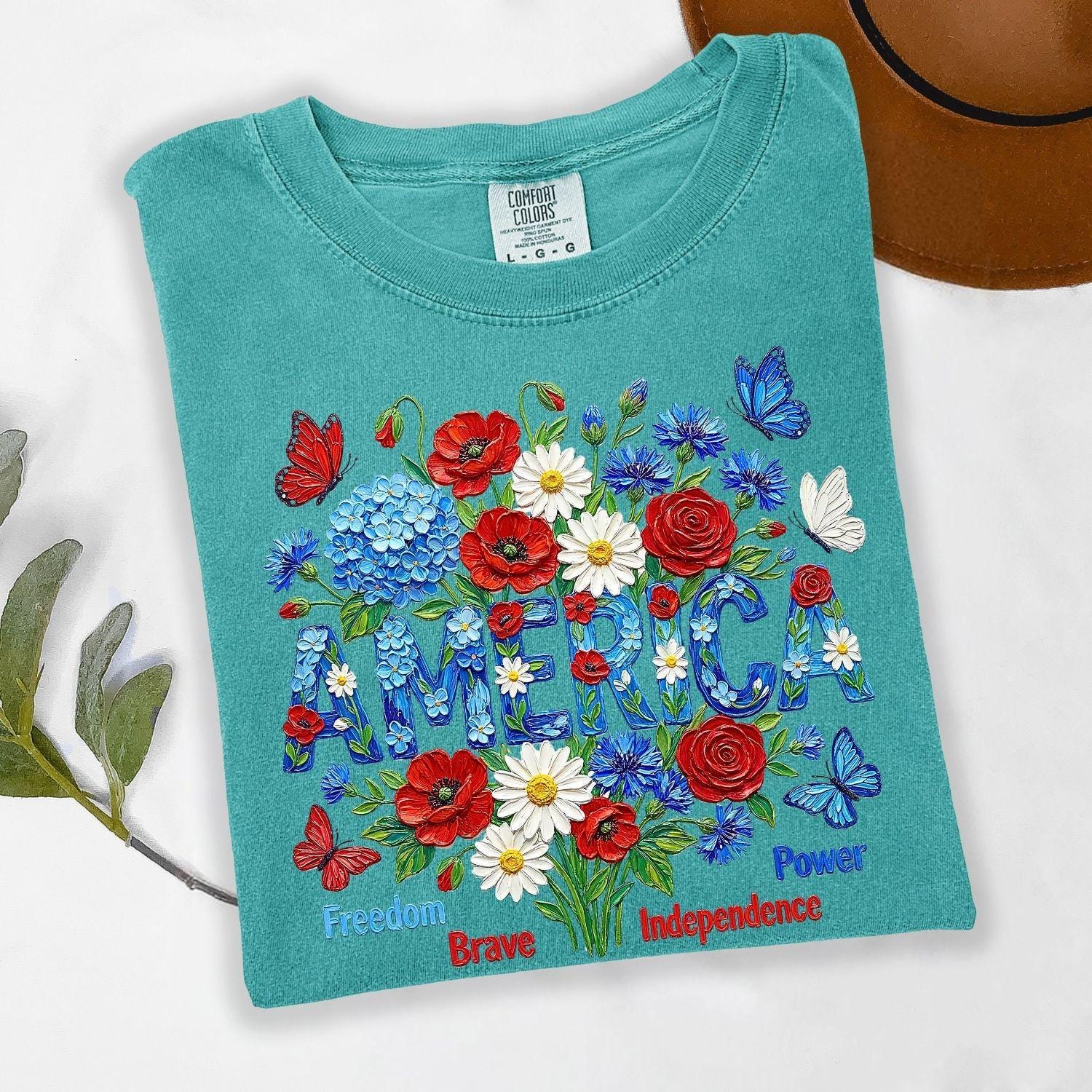 Comfort Colors® America Shirt, Patriotic Flower Tee, Independence Day Shirt, USA Floral Shirt, American Flag, Not Real Painting