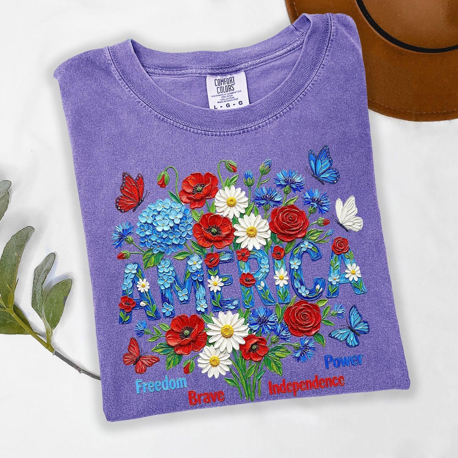 Comfort Colors® America Shirt, Patriotic Flower Tee, Independence Day Shirt, USA Floral Shirt, American Flag, Not Real Painting
