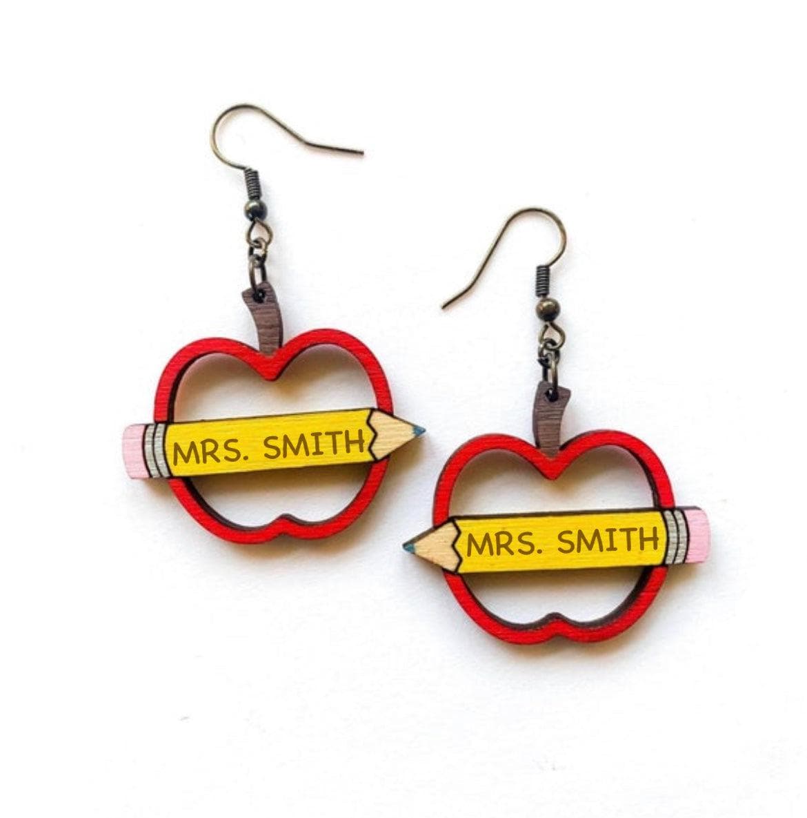 Customized Teacher Earrings, Apple Pencil Dangles, Personalized Educator Gift