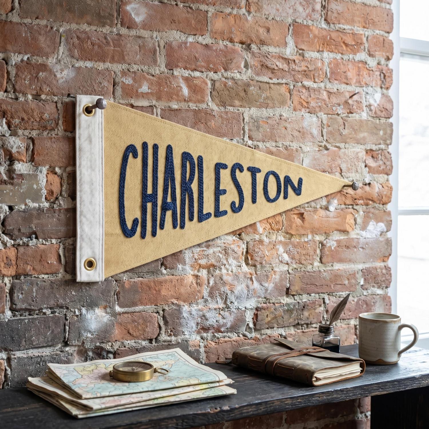 Custom Embroidered Vintage Pennant Flag, Personalized City Banner, Retro Wall Decor, Handmade Fabric Pennant, Unique Home Office Gift
