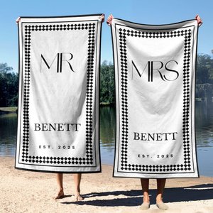 Mr and Mrs Beach Towel Premium Custom Couple Honeymoon Beach Towel Old Money Aesthetic Last Name Wedding Gift Groom & Bride Checkered Towel