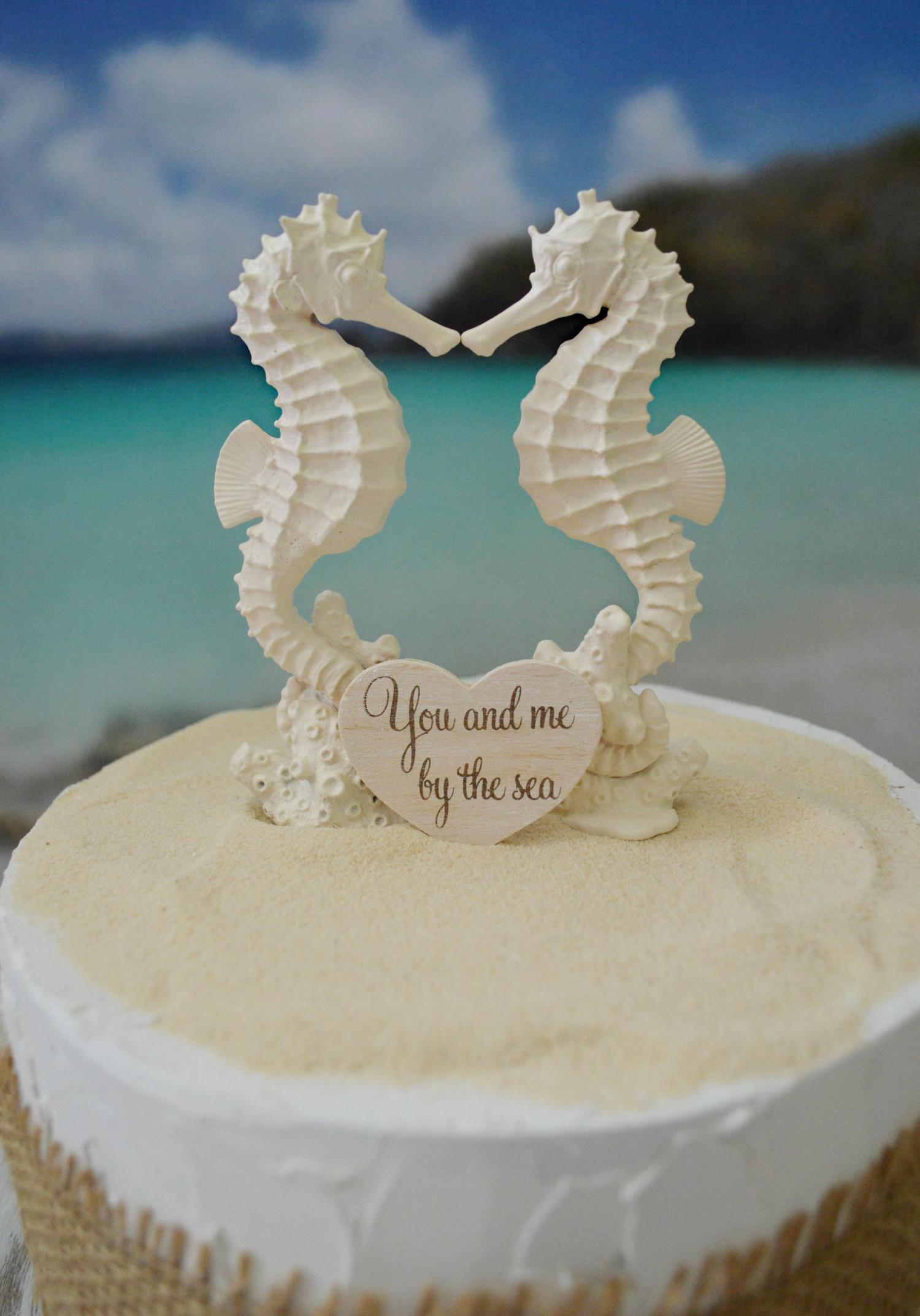 Seahorse wedding cake topper bride and groom beach themed wedding destination ocean nautical beach cake topper seashells ivory kissing