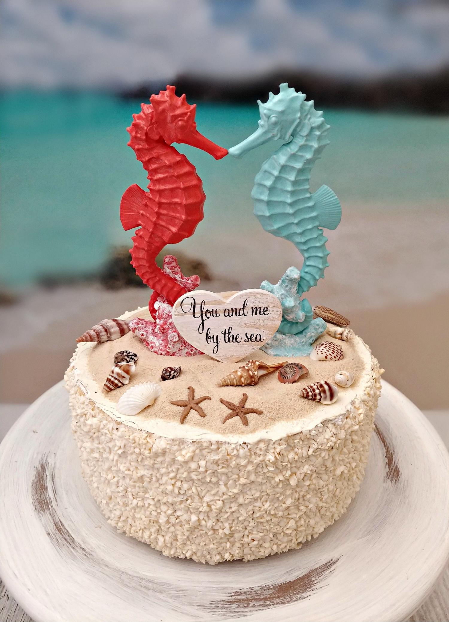 Seahorse wedding cake topper bride and groom beach themed wedding destination ocean nautical beach cake topper seashells ivory kissing