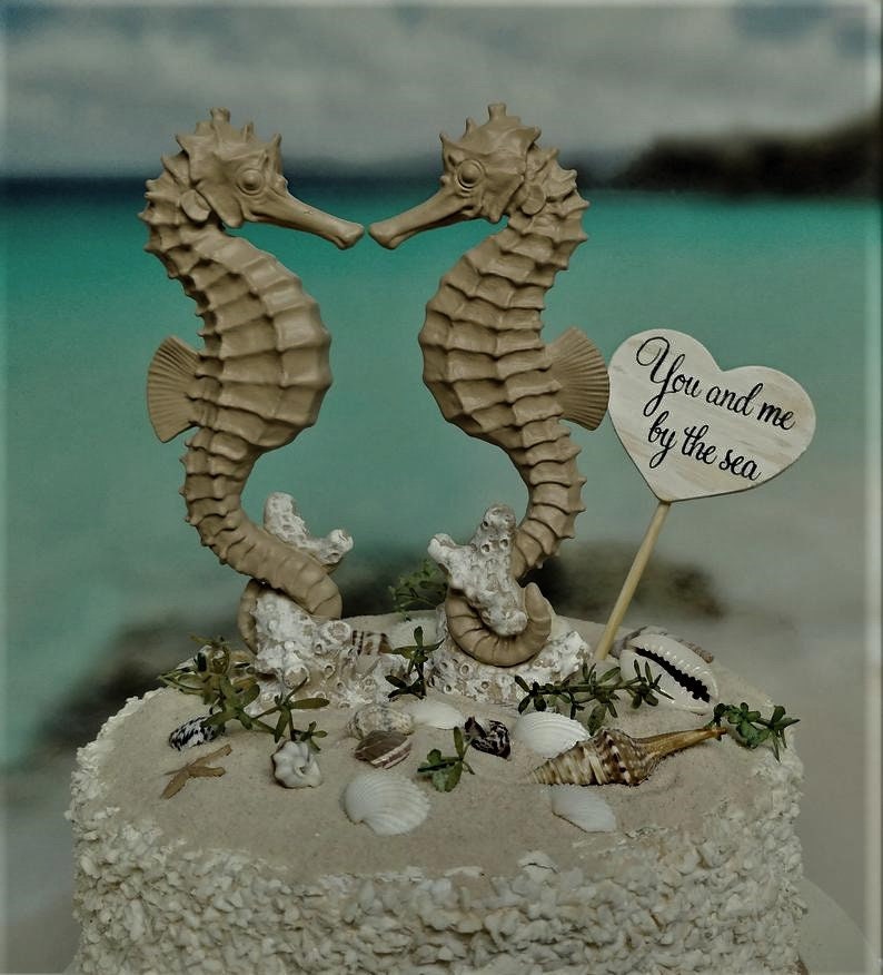 Seahorse wedding cake topper bride and groom beach themed wedding destination ocean nautical beach cake topper seashells ivory kissing