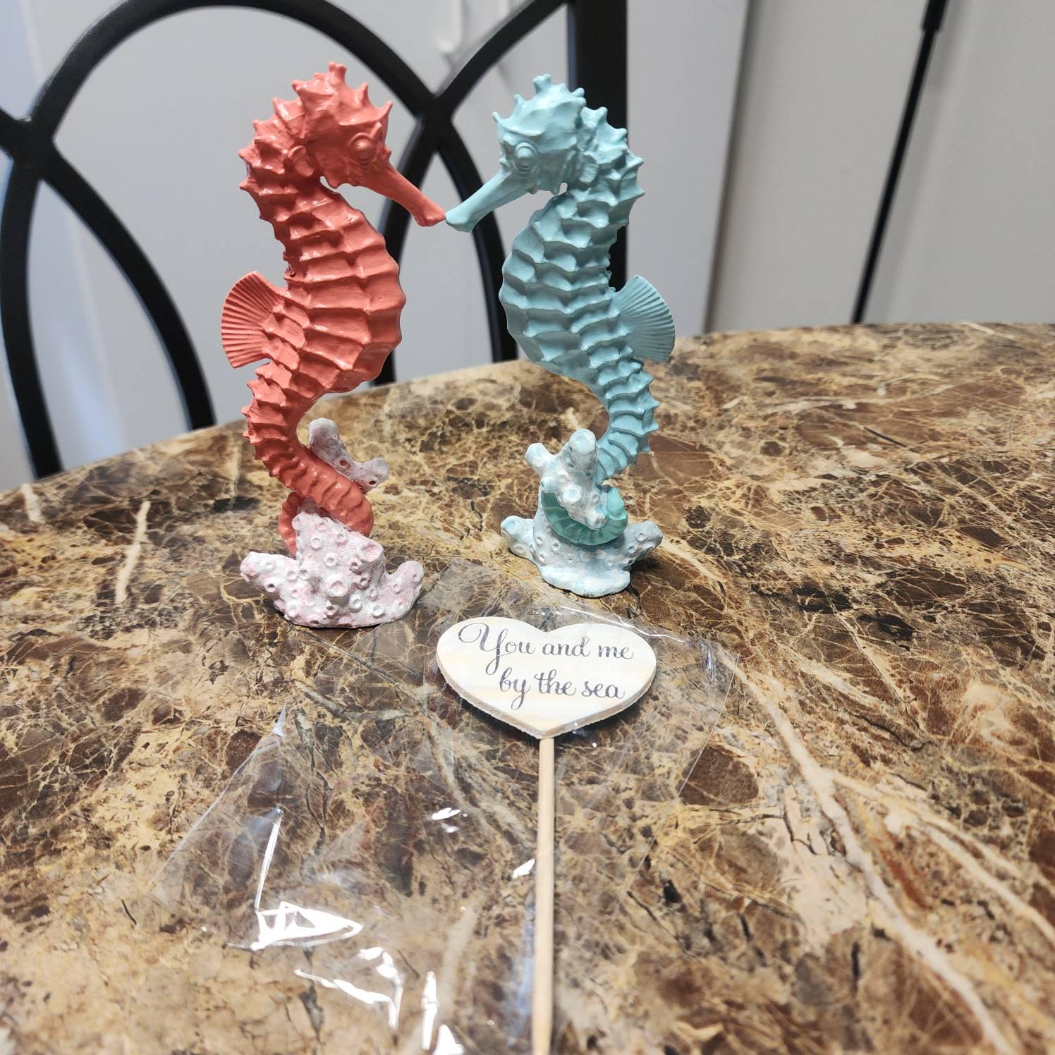 Seahorse wedding cake topper bride and groom beach themed wedding destination ocean nautical beach cake topper seashells ivory kissing