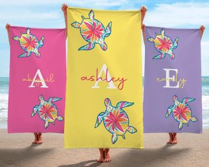 Custom Turtle  Beach Towel, Personalized Tropical Flower Gift, Sea Turtle Beach Towel, Custom Name Kids Beach Towel, Summer Beach Gift