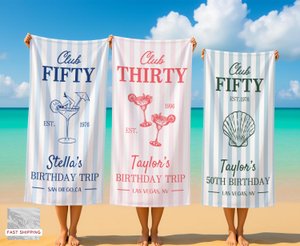 Personalized 50th/40th/30th Birthday Beach Towel,Custom Name&Date Towel,Birthday Trip,Striped Pool Towel,Family Vacation,Beach Lover's Gifts