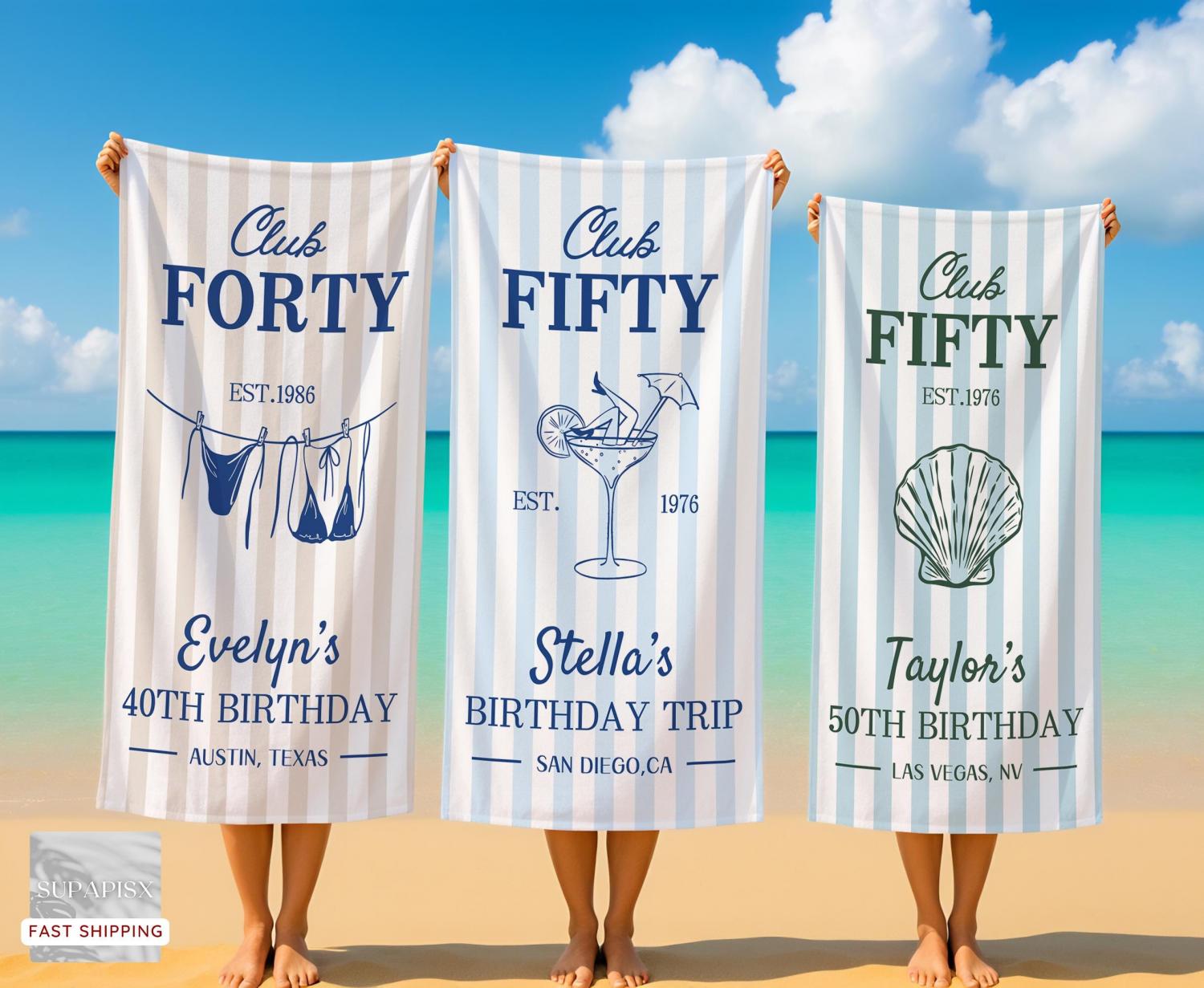 Personalized 50th/40th/30th Birthday Beach Towel,Custom Name&Date Towel,Birthday Trip,Striped Pool Towel,Family Vacation,Beach Lover's Gifts