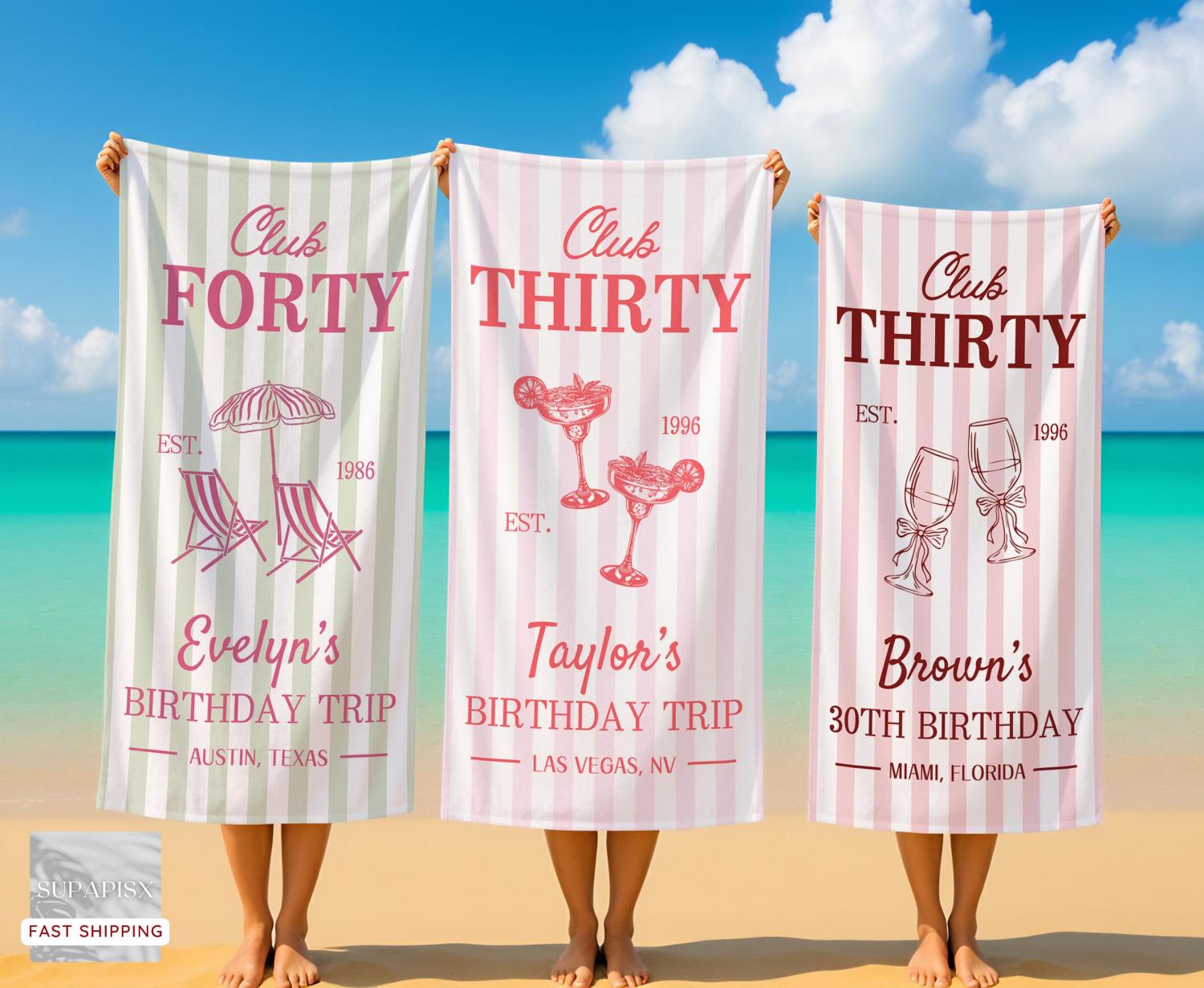 Personalized 50th/40th/30th Birthday Beach Towel,Custom Name&Date Towel,Birthday Trip,Striped Pool Towel,Family Vacation,Beach Lover's Gifts