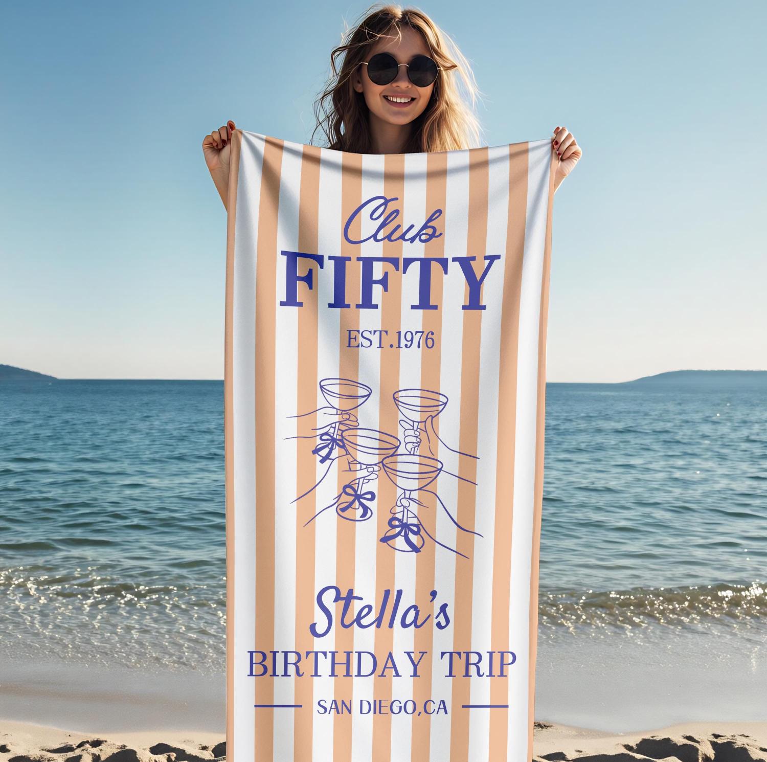 Personalized 50th/40th/30th Birthday Beach Towel,Custom Name&Date Towel,Birthday Trip,Striped Pool Towel,Family Vacation,Beach Lover's Gifts