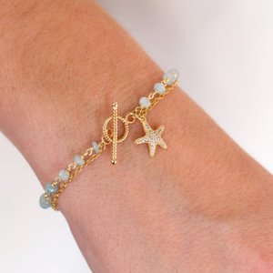 Dainty Aquamarine & Starfish Charm Bracelet, Beaded Gemstone Toggle Bracelet, Beachy Jewelry Trends, Summer Jewelry, Birthstone Gifts