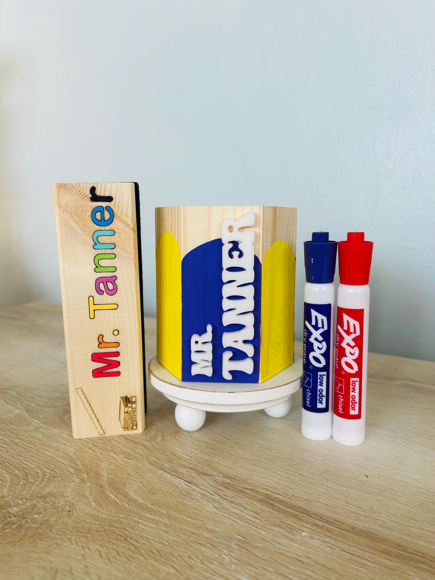 Personalized Teacher Pencil Cup & Dry Eraser Set with Markers – Custom Classroom Desk Organizer – Back to School or End of Year Gift