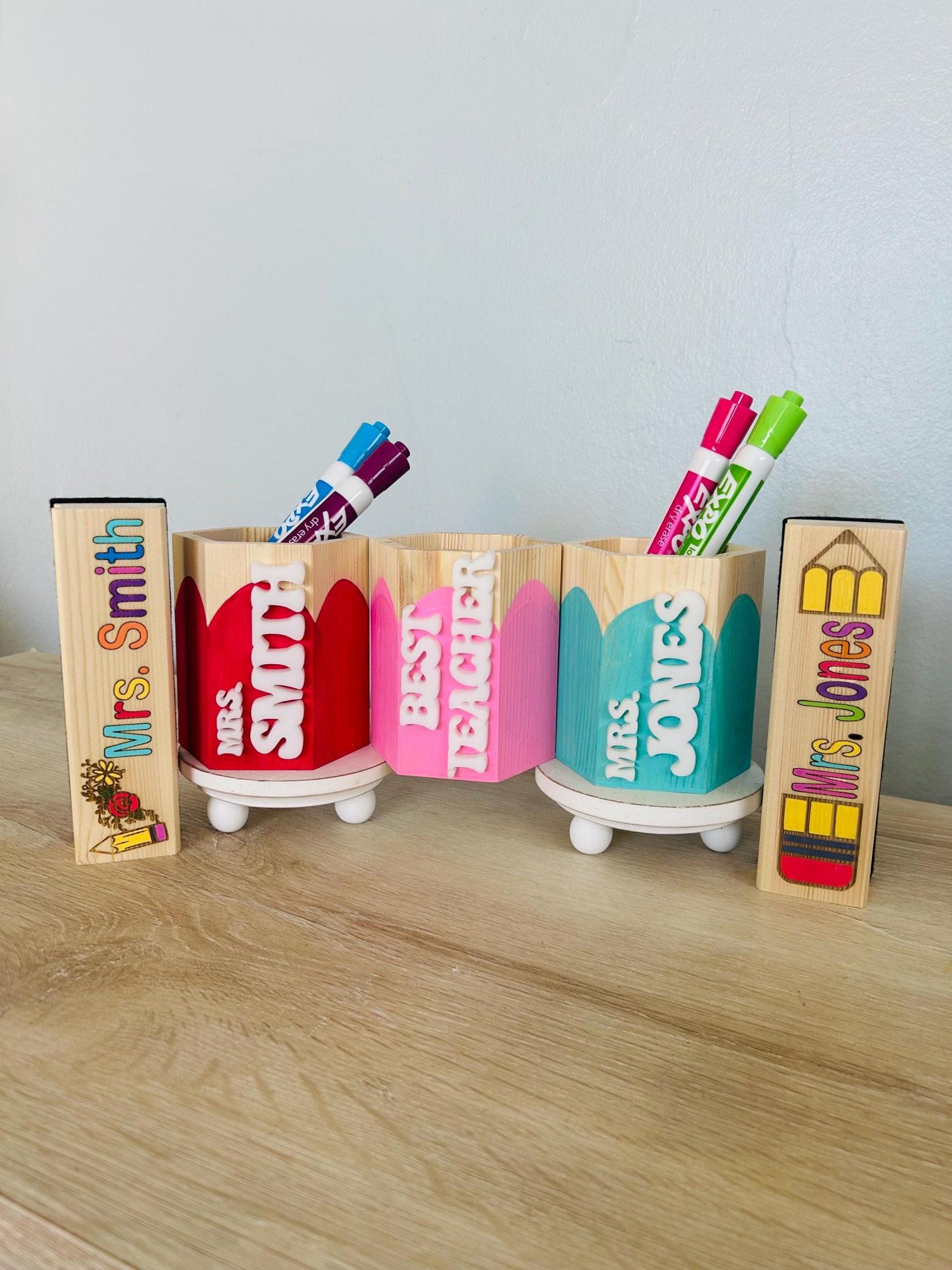 Personalized Teacher Pencil Cup & Dry Eraser Set with Markers – Custom Classroom Desk Organizer – Back to School or End of Year Gift