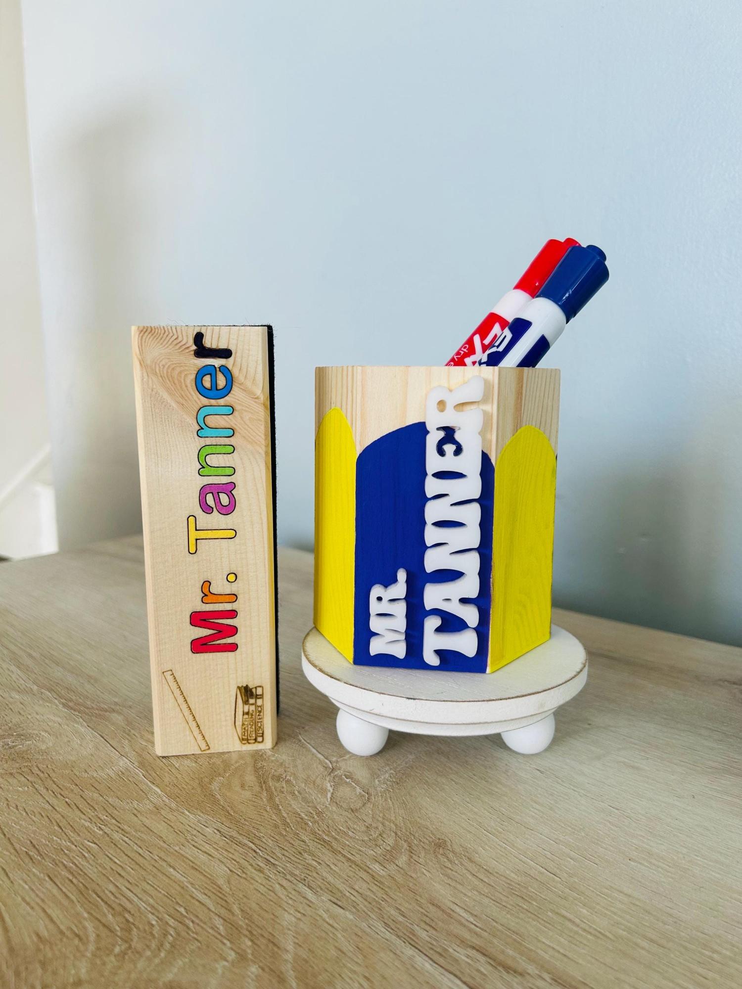 Personalized Teacher Pencil Cup & Dry Eraser Set with Markers – Custom Classroom Desk Organizer – Back to School or End of Year Gift