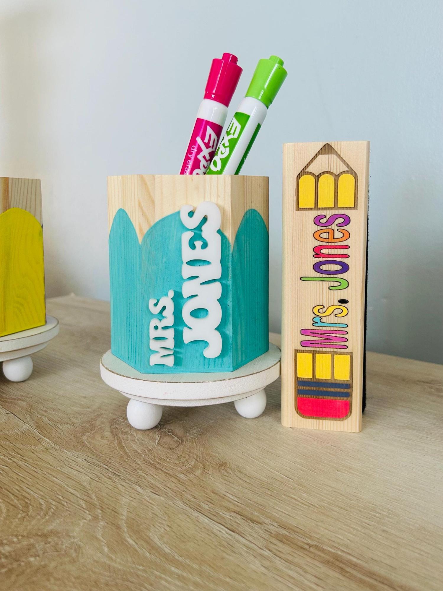 Personalized Teacher Pencil Cup & Dry Eraser Set with Markers – Custom Classroom Desk Organizer – Back to School or End of Year Gift