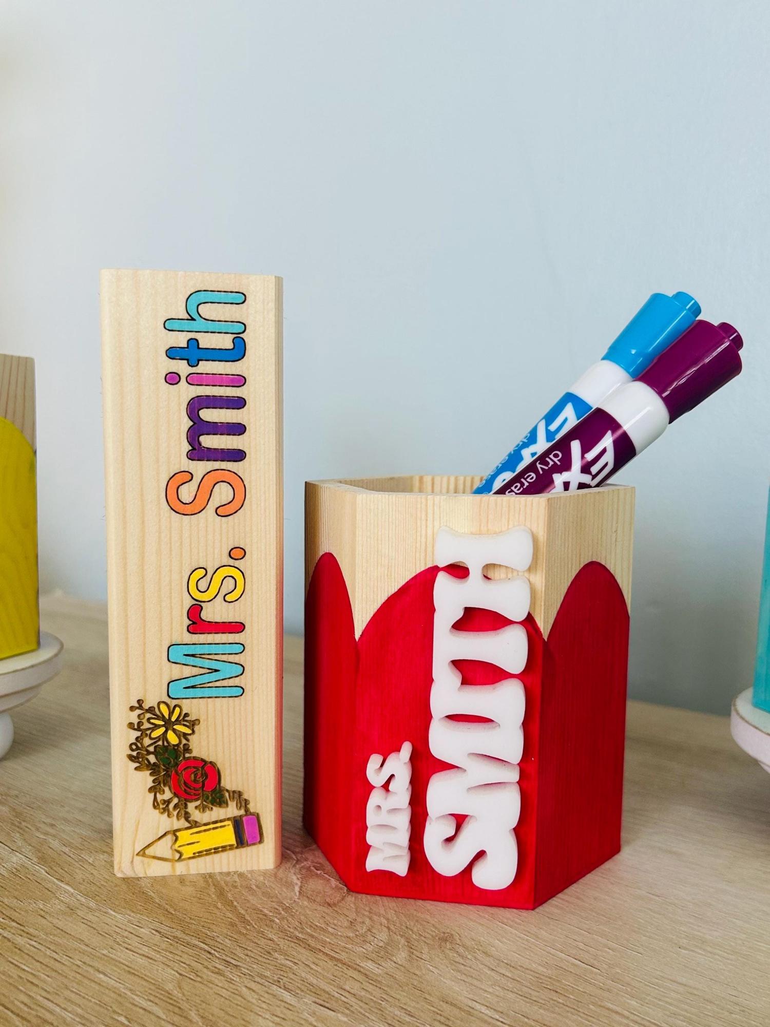 Personalized Teacher Pencil Cup & Dry Eraser Set with Markers – Custom Classroom Desk Organizer – Back to School or End of Year Gift