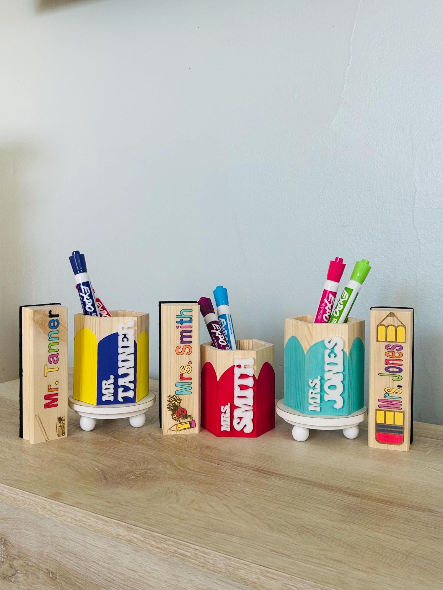 Personalized Teacher Pencil Cup & Dry Eraser Set with Markers – Custom Classroom Desk Organizer – Back to School or End of Year Gift