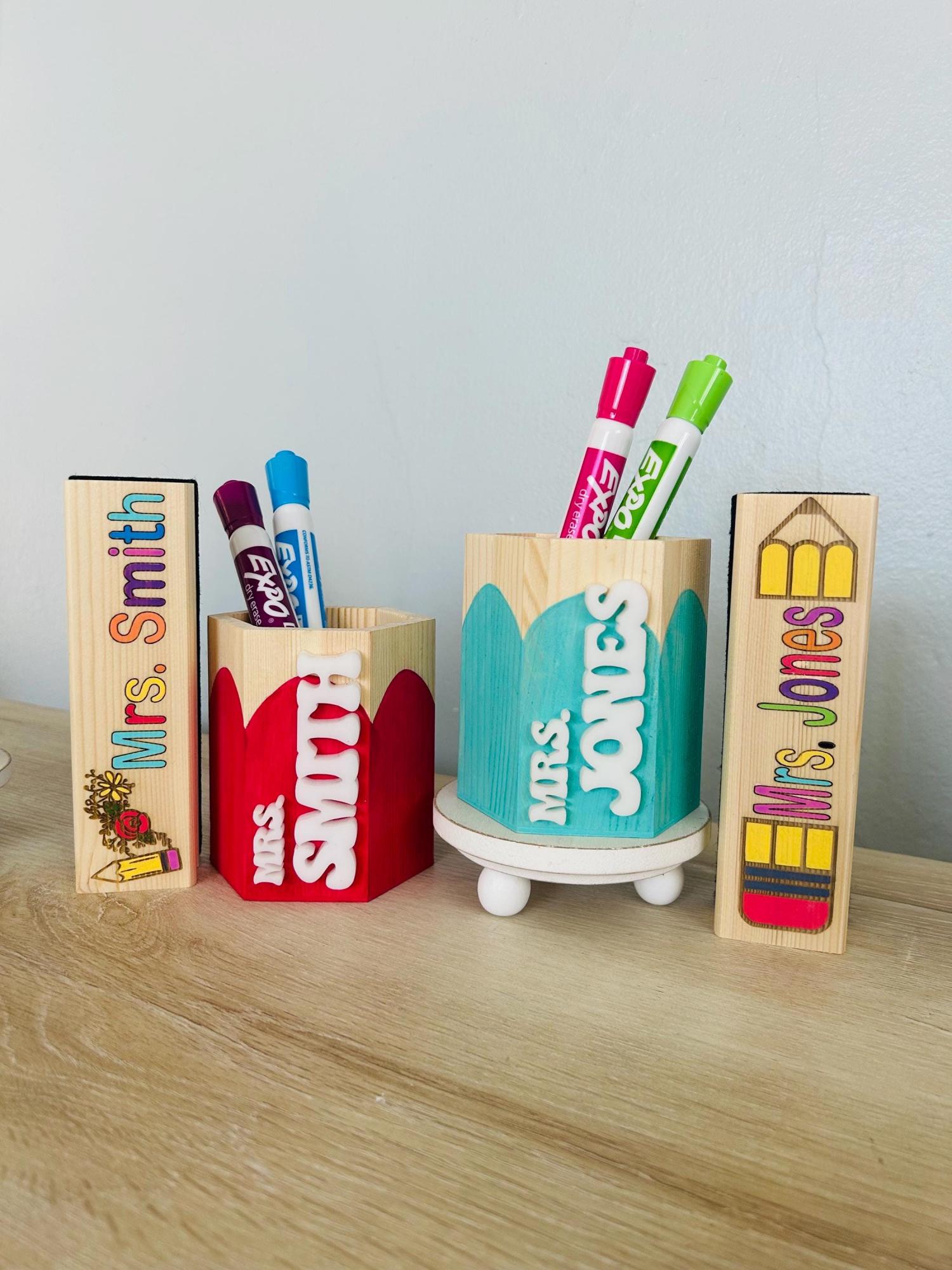 Personalized Teacher Pencil Cup & Dry Eraser Set with Markers – Custom Classroom Desk Organizer – Back to School or End of Year Gift