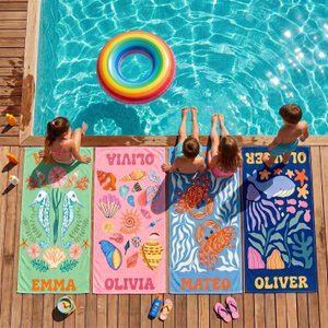 Marine Animal Personalized Beach Towel, Beach Party Essentials, Custom Name Towel for Baby/Kids, Preppy Girls Pool Towel, Kids Xmas Gift