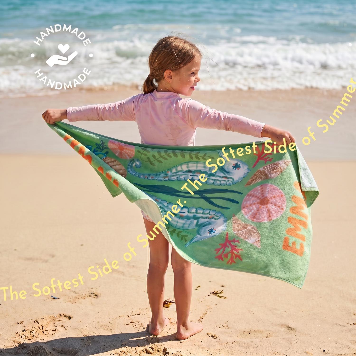 Marine Animal Personalized Beach Towel, Beach Party Essentials, Custom Name Towel for Baby/Kids, Preppy Girls Pool Towel, Kids Xmas Gift