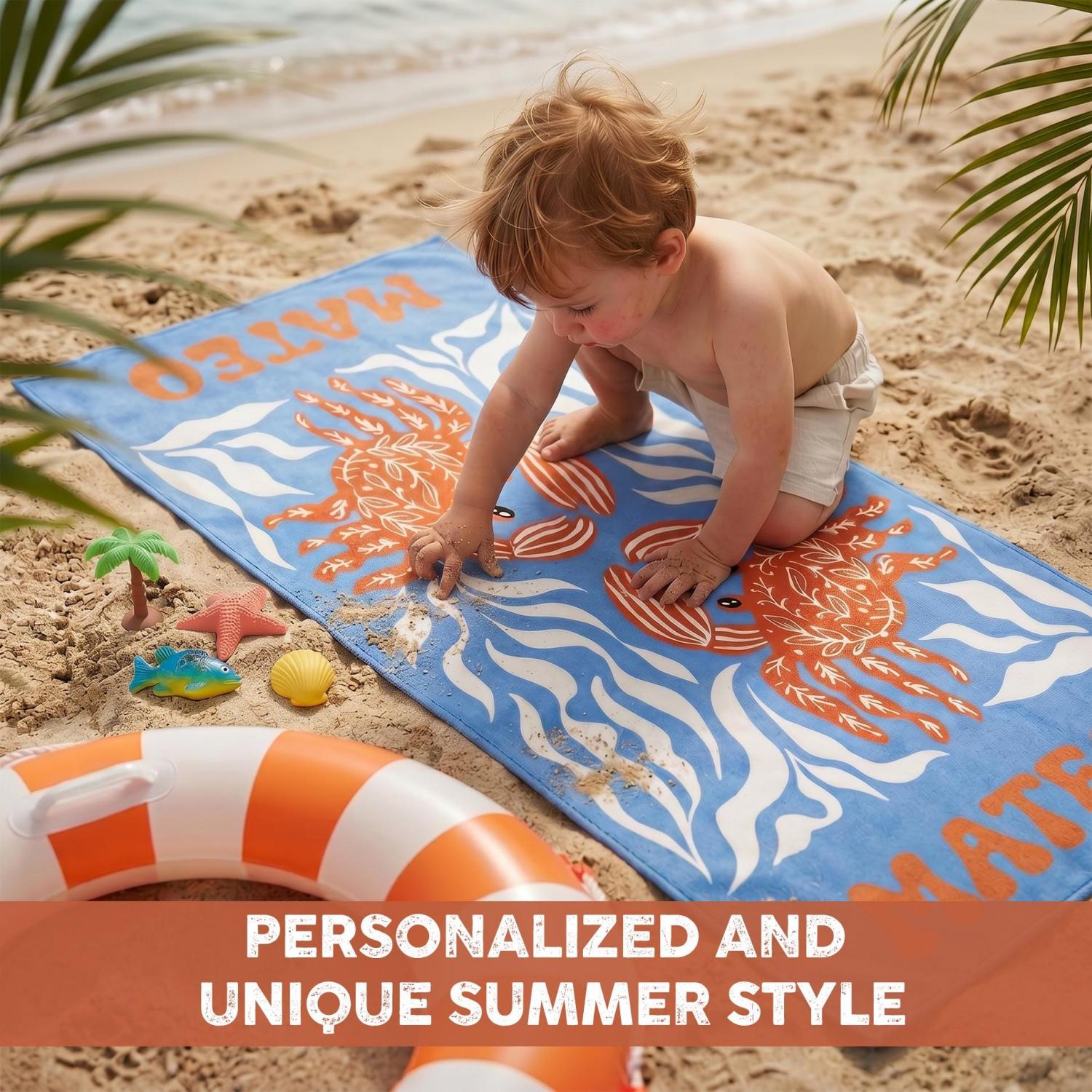 Marine Animal Personalized Beach Towel, Beach Party Essentials, Custom Name Towel for Baby/Kids, Preppy Girls Pool Towel, Kids Xmas Gift