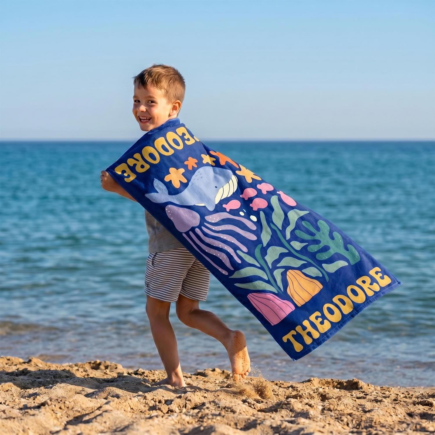 Marine Animal Personalized Beach Towel, Beach Party Essentials, Custom Name Towel for Baby/Kids, Preppy Girls Pool Towel, Kids Xmas Gift