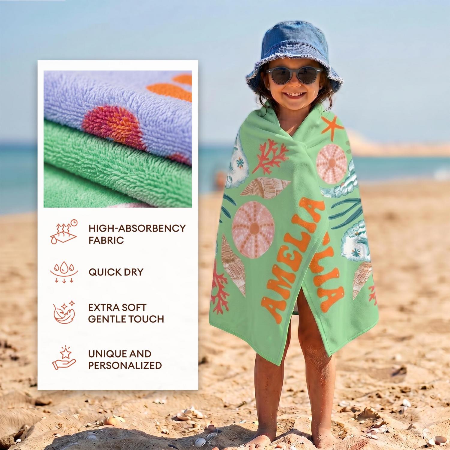Marine Animal Personalized Beach Towel, Beach Party Essentials, Custom Name Towel for Baby/Kids, Preppy Girls Pool Towel, Kids Xmas Gift