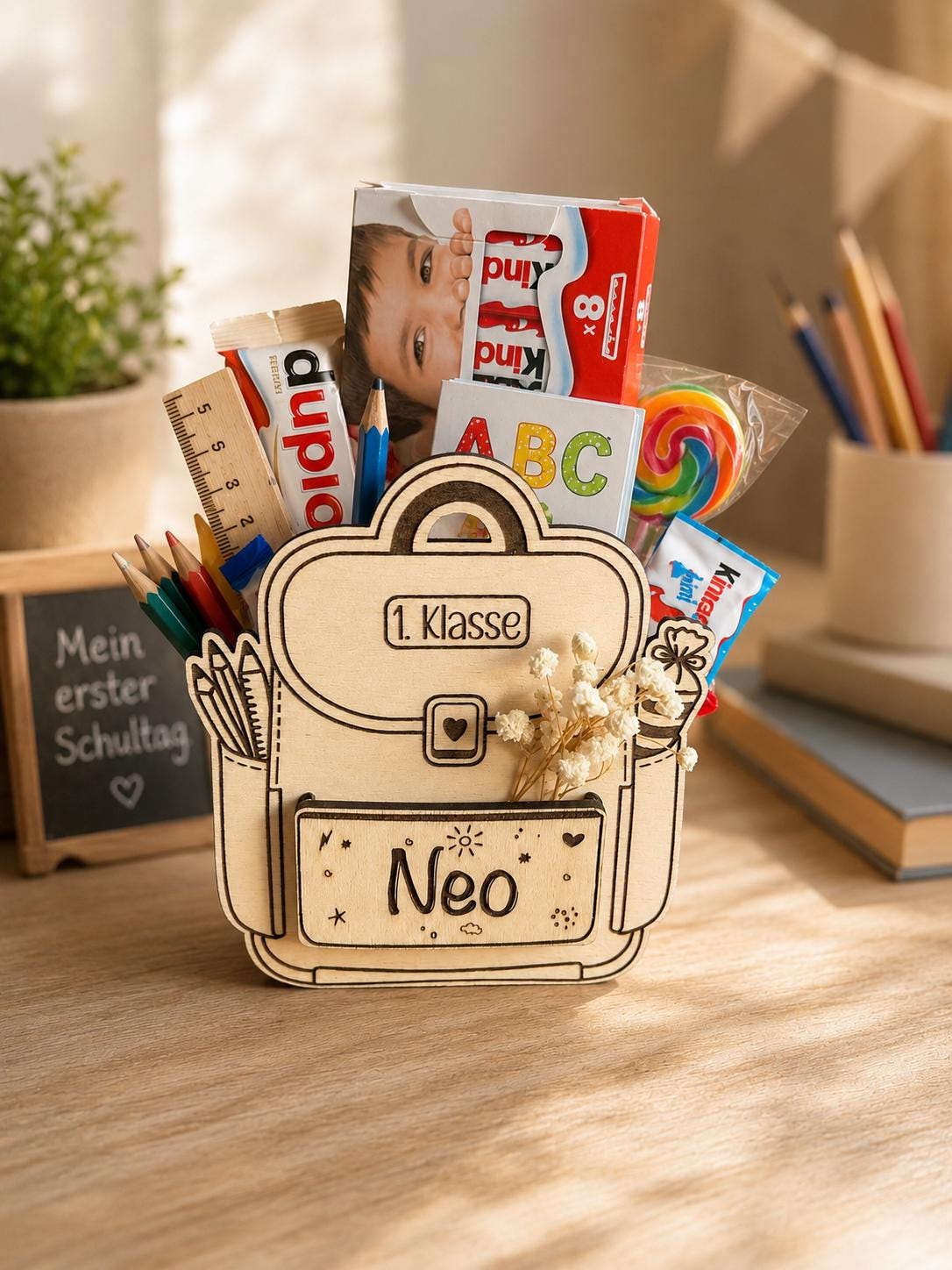Personalized wooden school bag - back-to-school gift - fillable pencil box - 1st grade decoration - school gift idea - back-to-school decoration