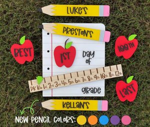 Personalized First Day of School Sign, Interchangeable Photo Prop with Grade Ruler, 4 Apples, & 5 Pencil Colors, Back to School Sign