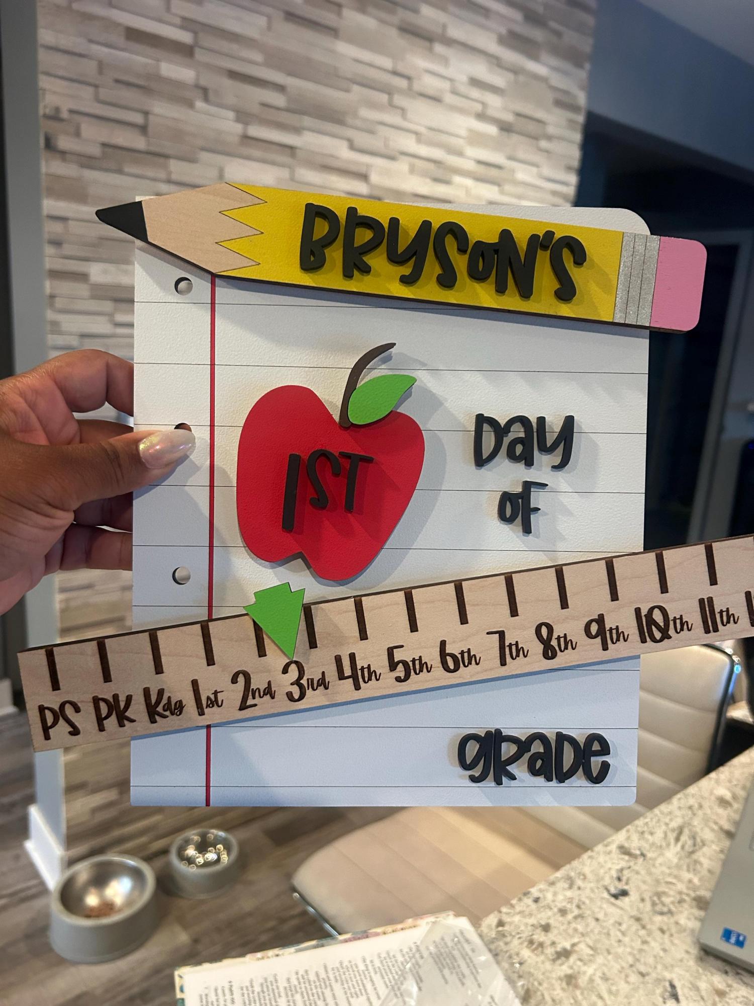 Personalized First Day of School Sign, Interchangeable Photo Prop with Grade Ruler, 4 Apples, & 5 Pencil Colors, Back to School Sign