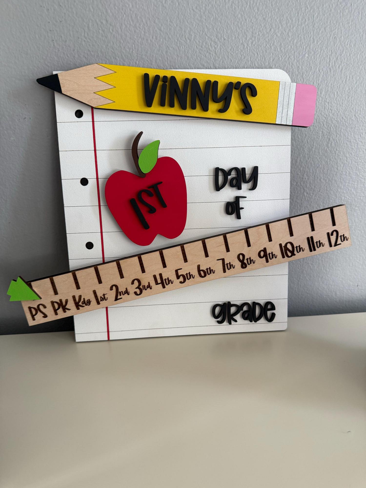 Personalized First Day of School Sign, Interchangeable Photo Prop with Grade Ruler, 4 Apples, & 5 Pencil Colors, Back to School Sign