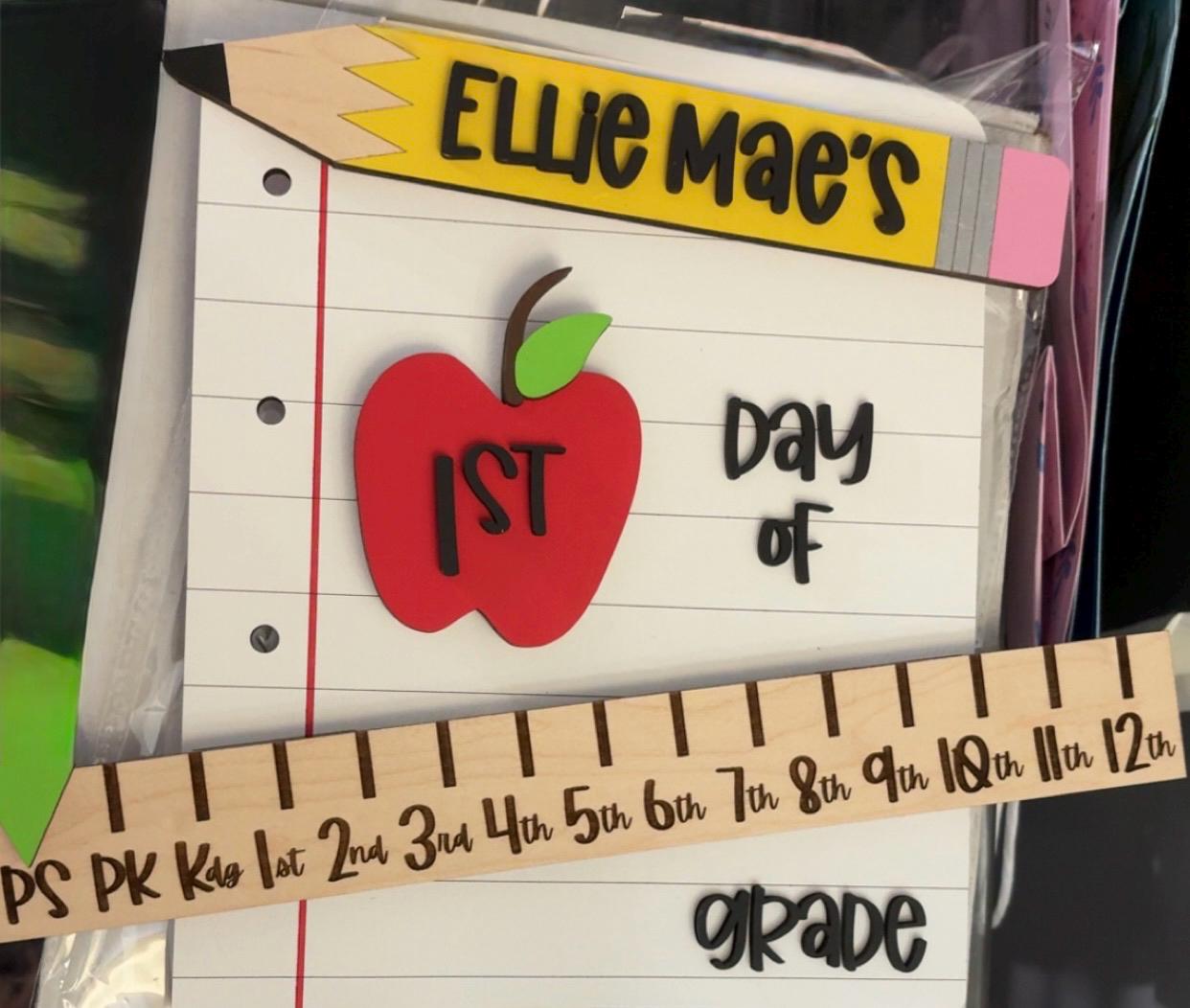 Personalized First Day of School Sign, Interchangeable Photo Prop with Grade Ruler, 4 Apples, & 5 Pencil Colors, Back to School Sign