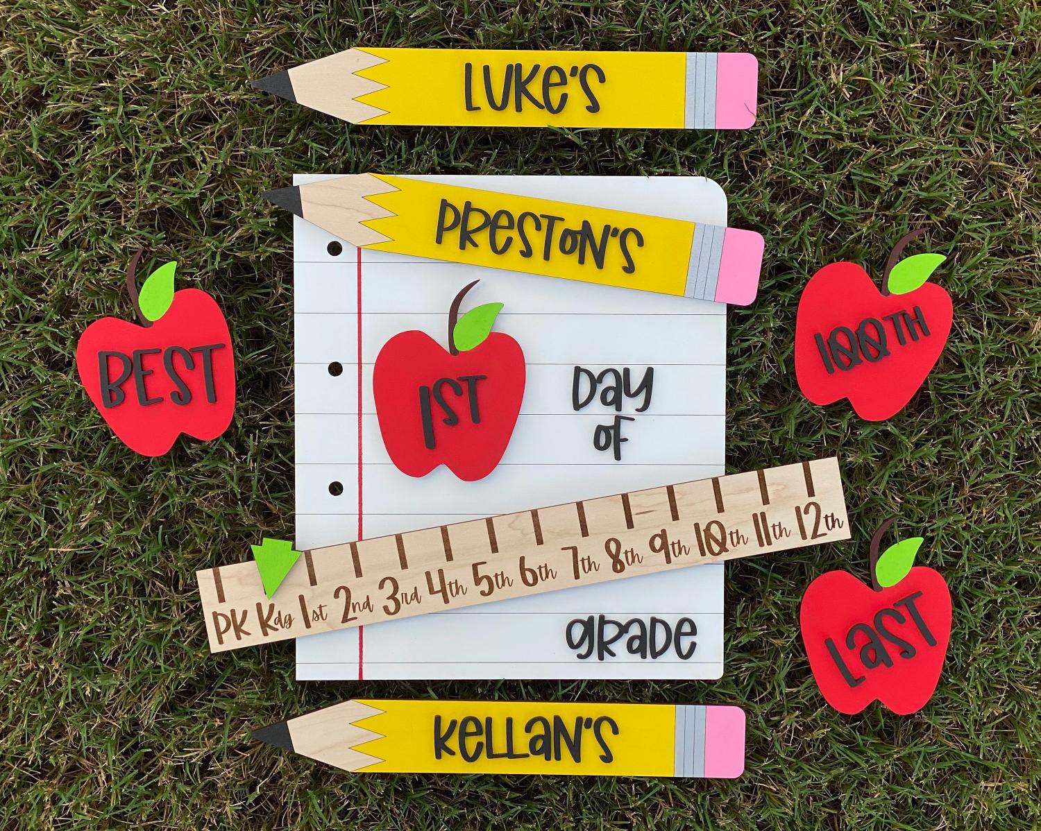 Personalized First Day of School Sign, Interchangeable Photo Prop with Grade Ruler, 4 Apples, & 5 Pencil Colors, Back to School Sign