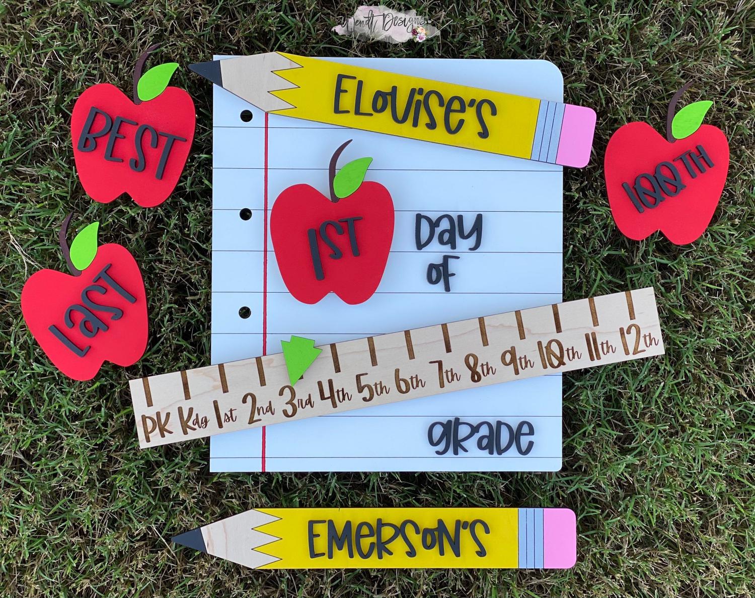 Personalized First Day of School Sign, Interchangeable Photo Prop with Grade Ruler, 4 Apples, & 5 Pencil Colors, Back to School Sign